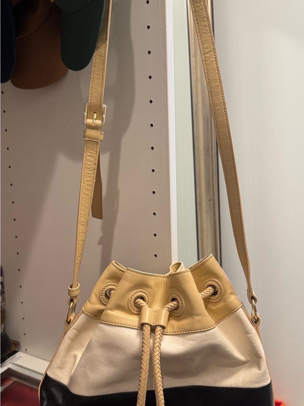 Tory Burch Three-Tone Drawstring Shoulder Bag in Cream, Tan & Black
